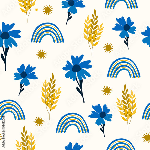Seamless floral natural abstract  pattern, white background. Millefleurs style.  Blue yellow. Flowers and leaves. Botanical. Hand drawn.