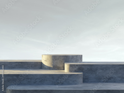 Fotografie 3D rendering of cement concrete podium, multilevel staircase shape, a realistic 3D round podium with sky background, for product exhibition, etc