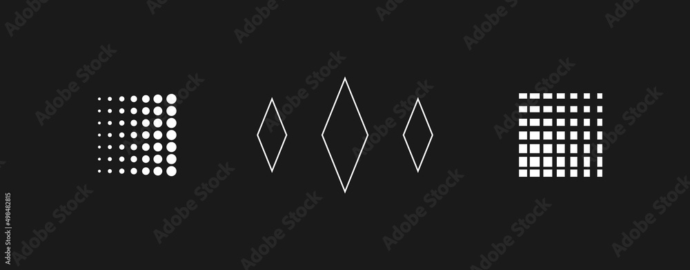 Set of retrowave design elements. Linear style rhombuses, dotted square shapes. Pack of retrowave 1980s style design elements. Vector
