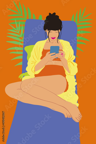 Young woman using phone while sitting relaxed on sunbed at garden. Vector illustration in vivid colors