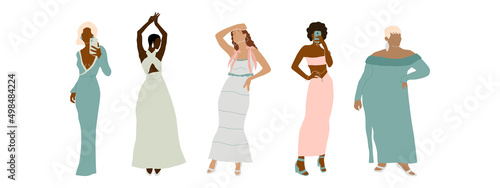 Set of stylish abstract women in dress. Collection of diversity elegant faceless female. Plus size girl. Modern minimal vector illustration isolated on white background.