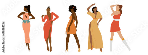 Set of stylish abstract women in dress. Collection of diversity elegant faceless female. Modern minimal vector illustration isolated on white background.