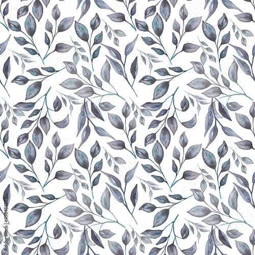 Seamless watercolor pattern with floral in trendy blue neutral colors. modern repeat paper. Hand drawn leaves patterns .