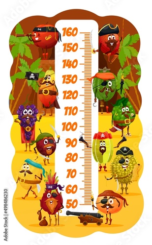 Kids height chart cartoon tropical fruit pirates and corsairs. Vector growth meter with plum, lychee, guava and bergamot, feijoa, star or dragon fruit, durian, melon, mandarin or grape on island