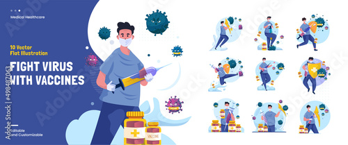 Fight the virus with vaccines on illustration bundle set