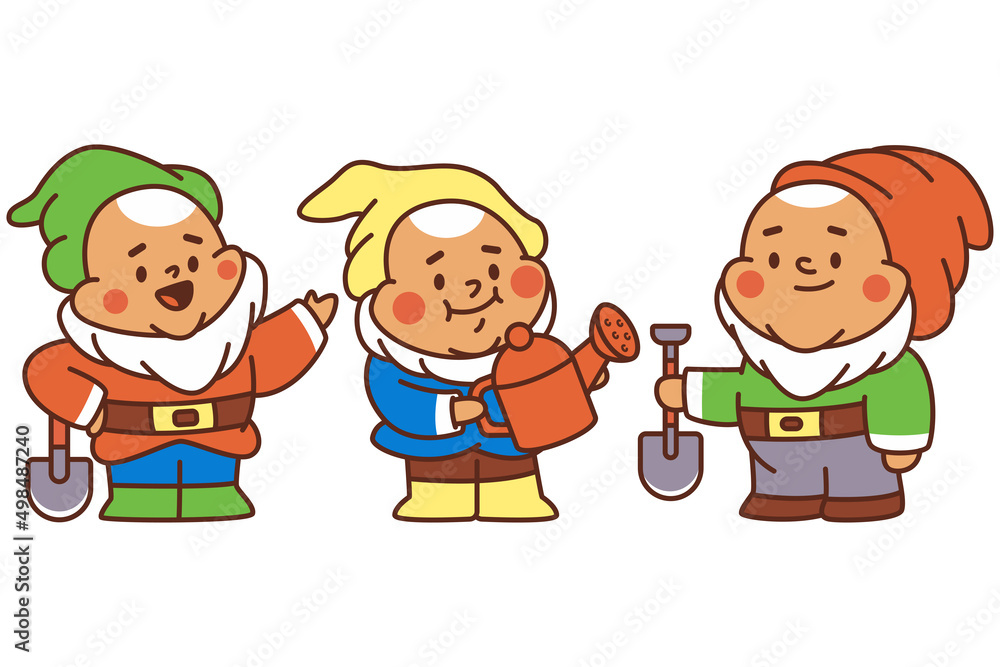 Garden gnomes with shovel and watering cap vector cartoon characters set isolated on a white background. Garden gnomes with shovel and watering cap vector cartoon characters set isolated on a white background.