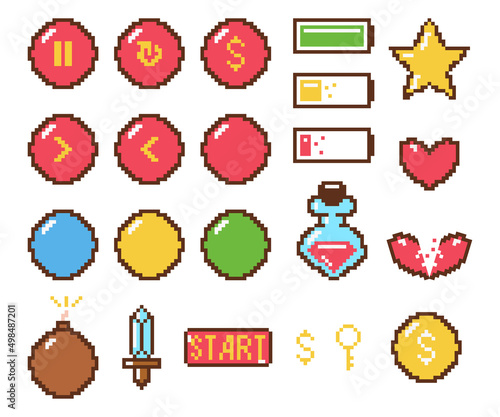 Pixel art game icons vector set isolated on a white background.