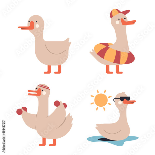 Cute goose vector cartoon characters set isolated on a white background.