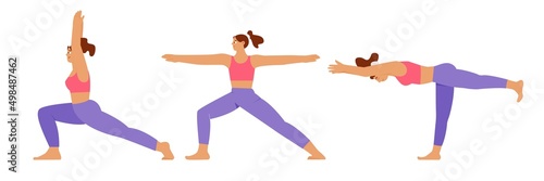 Asanas set, warrior pose 1, 2, 3. Woman practicing yoga.