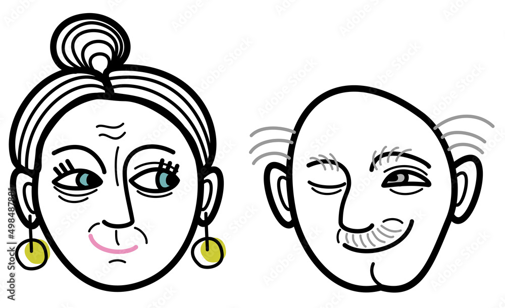 Vector cute illustration of elderly woman and man looking at each other with sympathy. Isolated on white background. Vector cute illustration of elderly woman and man looking at each other with sympathy. Isolated on white background.