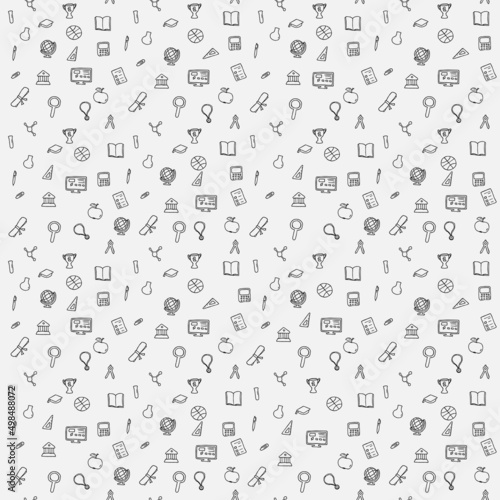 Seamless vector pattern with education icons. Doodle vector with education and school icons on white background. Vintage education pattern