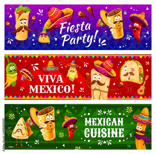 Cartoon mexican characters of tacos and quesadilla, jalapeno and tamales, nachos and chili pepper, burrito and enchilados funny personages. Fiesta party, festival holiday or carnival vector banners