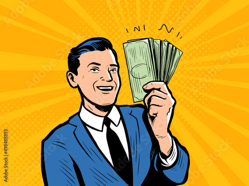 Successful businessman holding cash money in retro comic pop art. Business concept vector illustration
