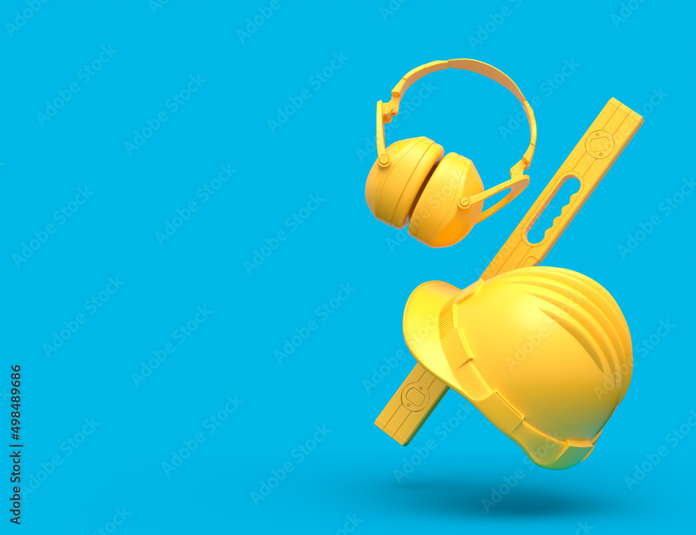 Flying view of yellow construction tools for repair on blue background