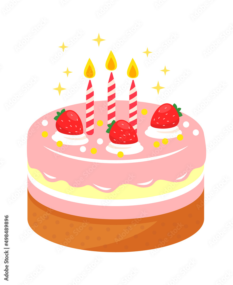 Cake with strawberries and candles. Vector illustration Cake with strawberries and candles. Vector illustration