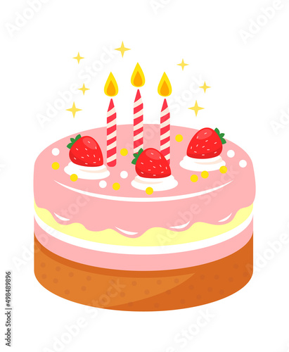Cake with strawberries and candles. Vector illustration