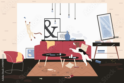Dog and cat making chaos and mess at home. Cute kitten jumping after butterfly, puppy playing among broken interior damaged furniture flat vector illustration. Messy house, naughty pets concept