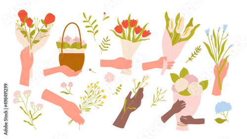 Hands hold flowers vector illustration. Cartoon floral gift for girl, bouquet for vase with bunch of summer cute wild herbs, gentle petals, plants and blossoms isolated on white. Floristry concept