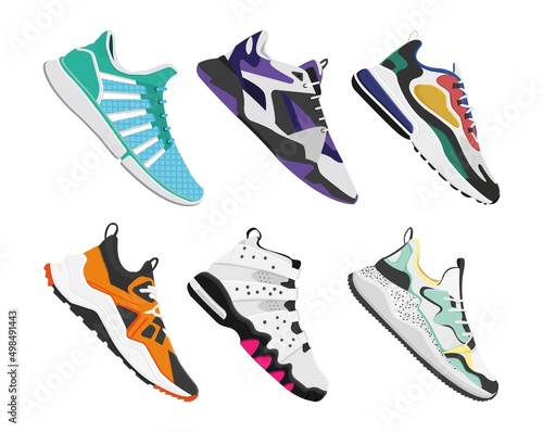 A set of vector sneakers for fitness training shoes, a vector illustration of running shoes.