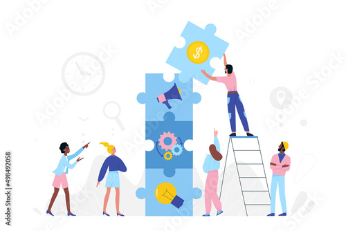 Teamwork of tiny people on business project development. Partner characters collaborate and move pieces of puzzle jigsaw, man standing on ladder flat vector illustration. Partnership, solution concept