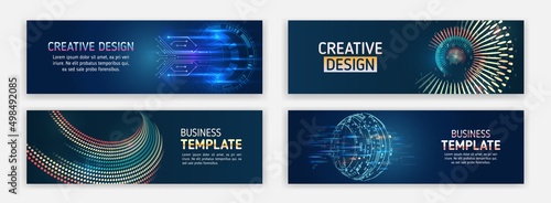 Abstract horizontal promotion media cover design. Big data futuristic web background. Visualization of data arrays, databases. Information flow, sorting. Set of Hi-tech banner templates for websites. photo