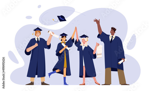 Flat graduate students in mantle and cap holding university diploma, paper scroll. Happy young people in academic gown with bachelor degree celebrating graduation from college, university, high school