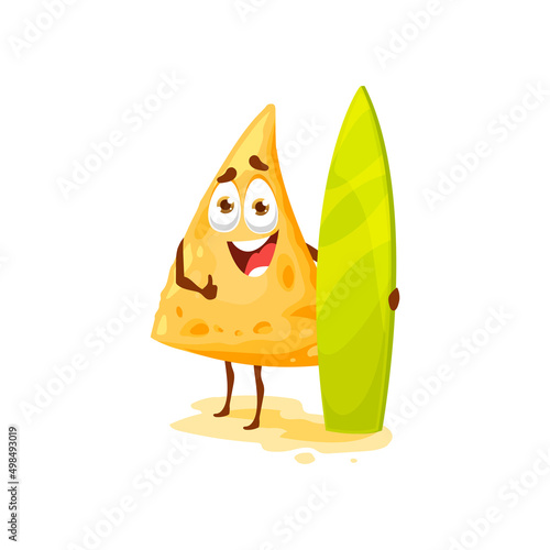 Happy smiling cartoon nachos with surfing board on beach isolated cute character emoticon, mexican fastfood snack. Vector summer holidays of crispy chips, vacation sport activities, tasty food