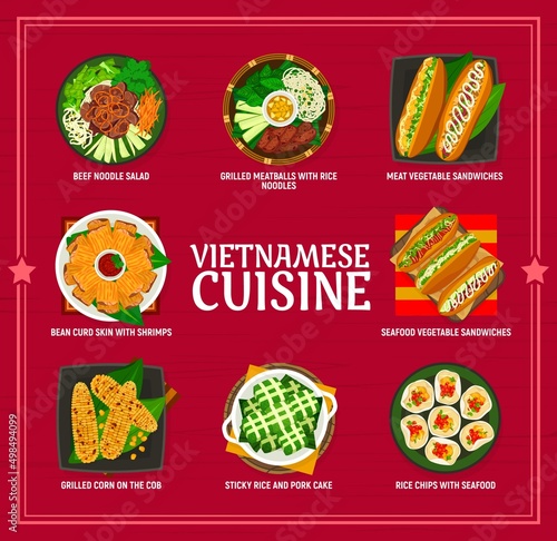 Vietnamese cuisine menu design template. Beef noodle salad, sticky rice pork cake and grilled corn, chips with seafood, bean curd skin with shrimps, meat and vegetable sandwiches, grilled meatballs