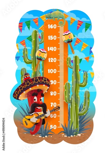 Kids height chart of Mexican mariachi pepper with guitar, growth measure . Children growth meter vector ruler or stadiometer wall sticker with cartoon red chilli, sombrero, maracas and cactuses