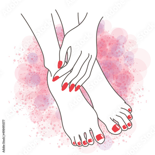 Woman pedicure illustration - Handdrawn line art style - nailpolish, hands and feet care
