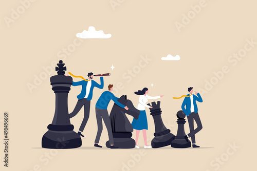 Foto Strategy to win competition, teamwork help plan strategic idea to fight and achieve business victory, challenge concept, business people team players stand strong with king, knight chess pieces