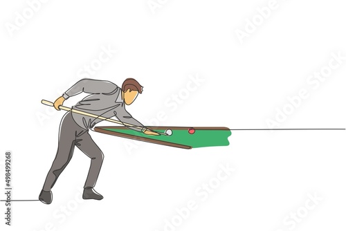 One single line drawing of young handsome man playing pool billiards at billiard room graphic vector illustration. Indoor sport recreational game concept. Modern continuous line draw design