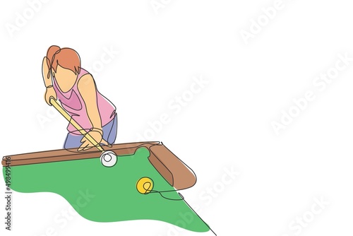 One single line drawing of young beauty woman playing pool billiards at billiard room vector graphic illustration. Indoor sport recreational game concept. Modern continuous line draw design
