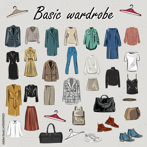 Capsule basic wardrobe for a woman. Minimalism. Fashion. Big cupboard. Wardrobe with a set of clothes on hangers and bags. Isolated vector objects.