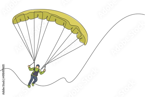 One continuous line drawing of young bravery man flying in the sky using paragliding parachute. Outdoor dangerous extreme sport concept. Dynamic single line draw design vector graphic illustration
