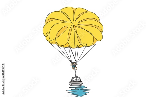 One continuous line drawing of young bravery man flying in sky using parasailing parachute behind a boat. Outdoor dangerous extreme sport concept. Dynamic single line draw design vector illustration