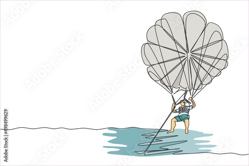 One continuous line drawing of young bravery man flying in the sky using parasailing parachute pulled by a boat. Outdoor dangerous extreme sport concept. Single line draw design vector illustration