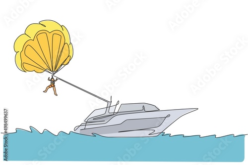 Single continuous line drawing of young tourist flying with parasailing parachute on the sky pulled by a boat. Extreme vacation holiday sport concept. Trendy one line draw design vector illustration