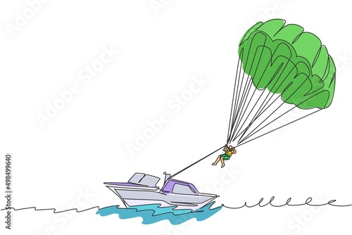 One single line drawing of young sporty man flying with parasailing parachute on the sky pulled by a boat vector graphic illustration. Extreme sport concept. Modern continuous line draw design