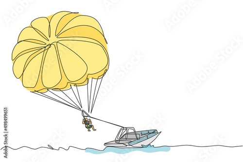 One continuous line drawing of young bravery flying in the sky using parasailing parachute behind the boat. Outdoor dangerous extreme sport concept. Dynamic single line draw design vector illustration photo