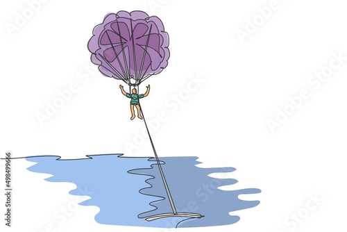 One single line drawing of young sporty man flying with parasailing parachute on the sky pulled by boat graphic vector illustration. Extreme sport concept. Modern continuous line draw design