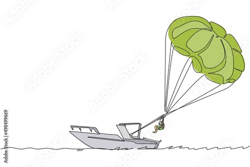 Single continuous line drawing young tourist man flying with parasailing parachute on the sky pulled by a boat. Extreme vacation holiday sport concept. One line draw design vector graphic illustration photo