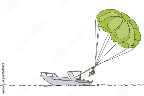 Single continuous line drawing young tourist man flying with parasailing parachute on the sky pulled by a boat. Extreme vacation holiday sport concept. One line draw design vector graphic illustration