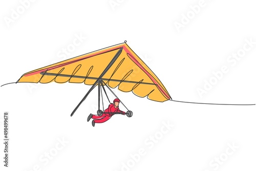 One single line drawing of young sporty man flying with hang gliding parachute on the sky vector graphic illustration. Extreme sport concept. Modern continuous line draw design
