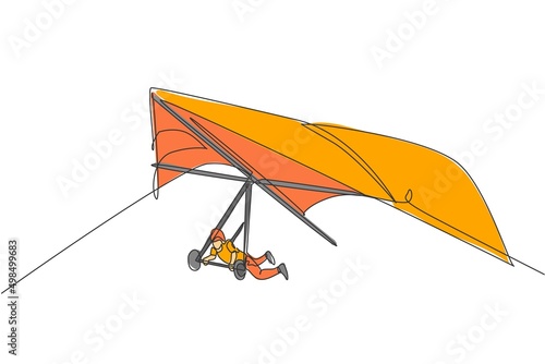 One continuous line drawing of young bravery man flying in the sky using hang gliding parachute. Outdoor dangerous extreme sport concept. Dynamic single line draw design vector illustration graphic