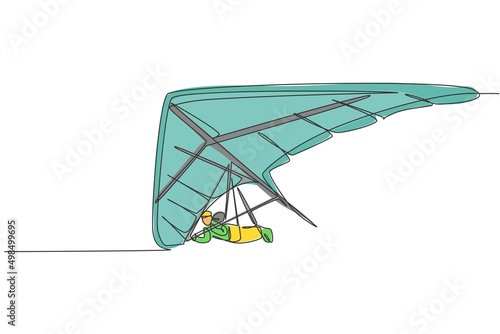 One single line drawing of young sporty man flying with hang gliding parachute on the sky graphic vector illustration. Extreme sport concept. Modern continuous line draw design