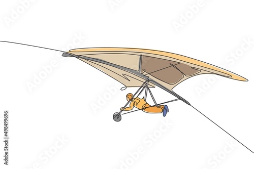 One continuous line drawing of young bravery man flying in the sky using hang gliding parachute. Outdoor dangerous extreme sport concept. Dynamic single line draw design vector illustration
