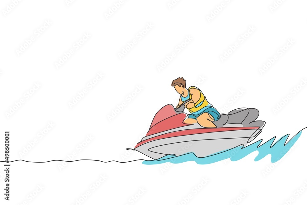 One single line drawing young sporty man play jet skiing in the sea beach graphic vector illustration. Healthy lifestyle and extreme sport concept. Summer vacation. Modern continuous line draw design