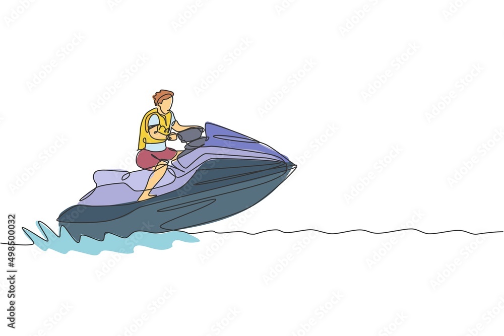 Single continuous line drawing of young sporty tourist man playing jet ski in the sea. Extreme dangerous sea sport concept. Summer holiday vacation. Trendy one line draw design vector illustration