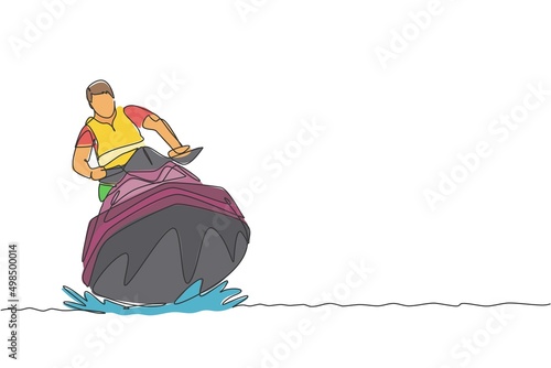 Single continuous line drawing of young sporty tourist man fun playing jet ski in the sea. Extreme dangerous sea sport concept. Summer holiday vacation. Trendy one line draw design vector illustration